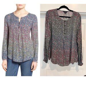 Lucky Brand Women Blue Green Burgundy Floral Boho Flowy Blouse Top, XL